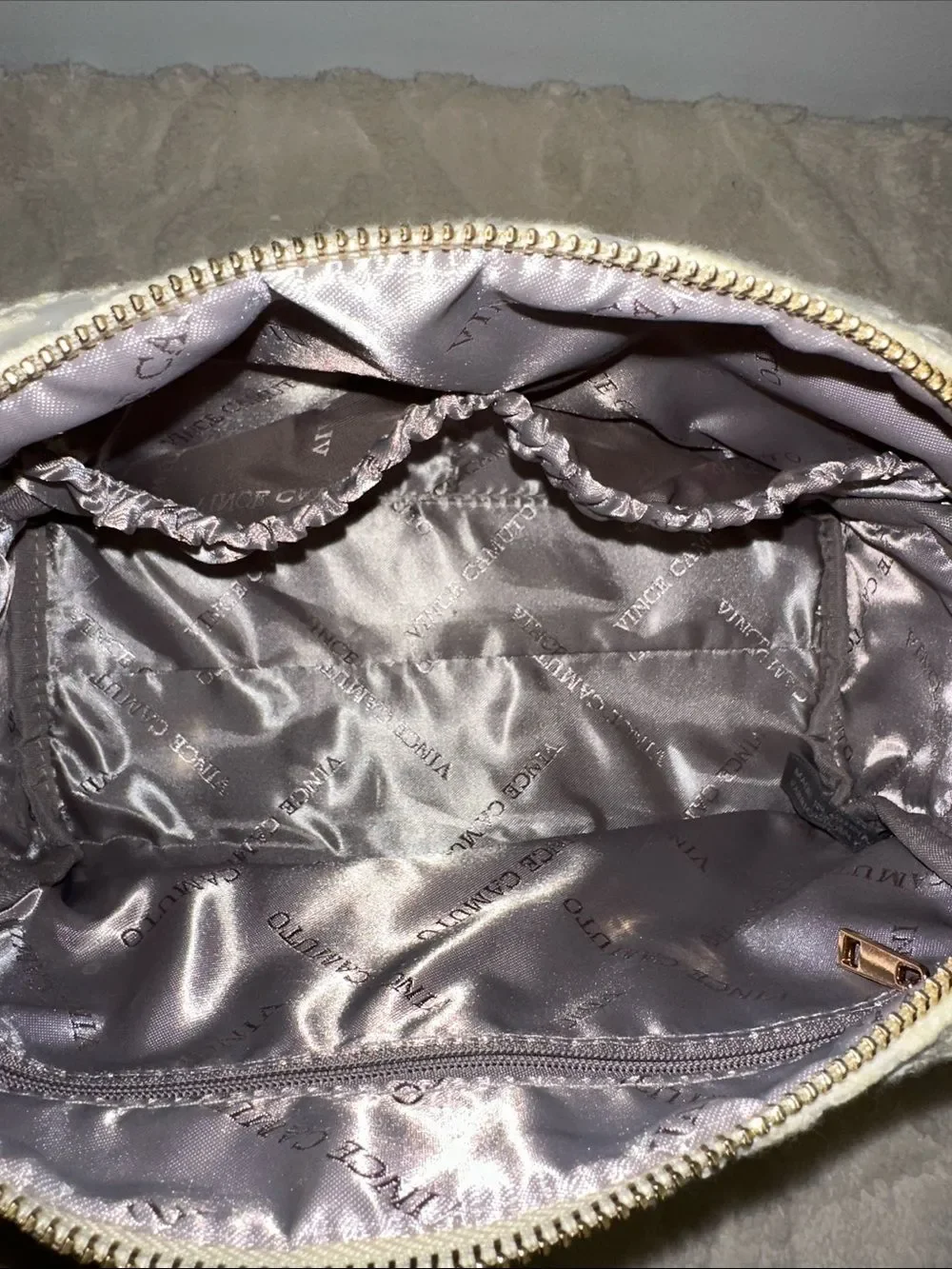 VC White Pastel Yellow Embroidered Floral Sheer Ribbon Gold Makeup Cosmetic Bag